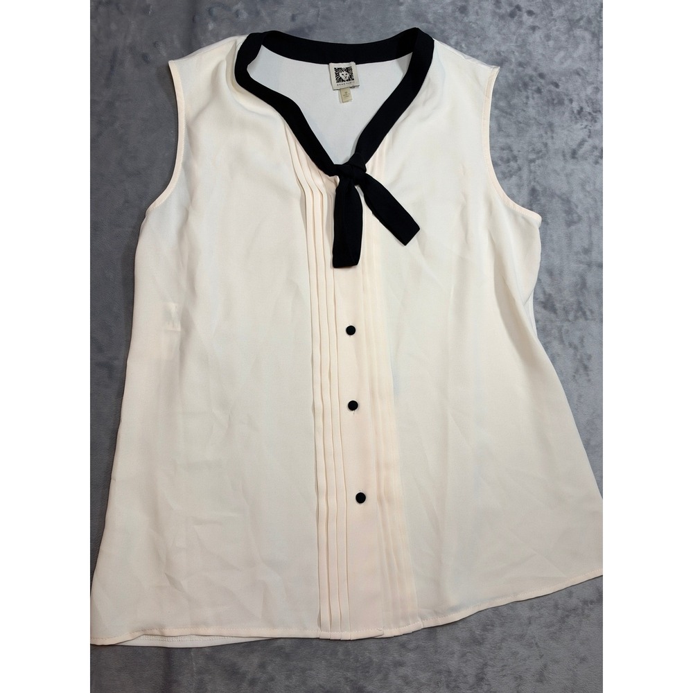 Anne Klein Womens Ivory Black Tie Neck Pleated Sleeveless Blouse Size M, bow,